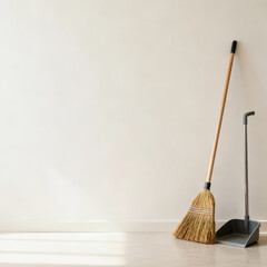 Broom and Dustpan with Copy Space on Clean Minimal Background