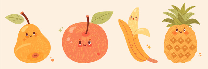 Cute fruity characters in a playful  style. Pear, apple, banana and pineapple with sweet faces and soft textures create a cheerful decorative illustration.