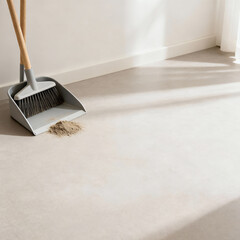 Broom and dustpan with small amount of dust, placed in corner leaving large copy space, home cleaning concept, clean minimalist background