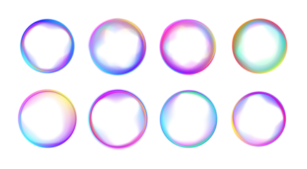 Set of neon circles PNG with gradient highlights. Bright glowing rings with soft luminous edges. Futuristic abstract round shapes.