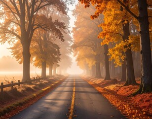 Scenic road through trees with autumn foliage and a foggy background