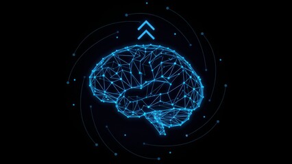 Glowing blue brain with upward arrow symbolizing growth and innovation in technology