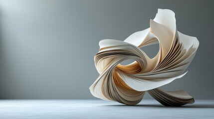 Abstract, swirling paper sculpture with warm hues and layered folds against a gray backdrop, creating a dynamic visual
