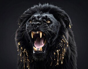 Roaring black lion, golden drips