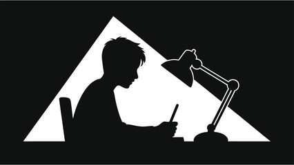 Student Studying at Night Silhouette with Desk Lamp for E-Learning and Education Concept, Boy Doing Homework Late Night, Online Learning Vector Illustration, Academic Exam Preparation at Home Icon