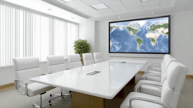 Strategic Sanctuary: A meticulously designed modern boardroom, illuminated by natural light, ready for innovation. A huge map on the screen is showing the big picture 