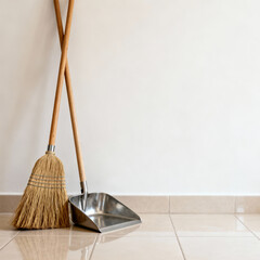 Broom and Dustpan with Copy Space on Clean Minimal Background