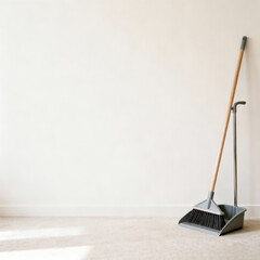 Broom and Dustpan with Copy Space on Clean Minimal Background