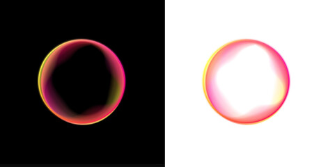 Soft neon gradient circle with scattered holographic drops, colorful blots inside liquid mesh, rainbow colors blending, subtle shimmer, glowing edges, luminous round banner PNG.