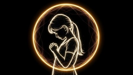 Woman with glowing aura meditates in peaceful circle of light