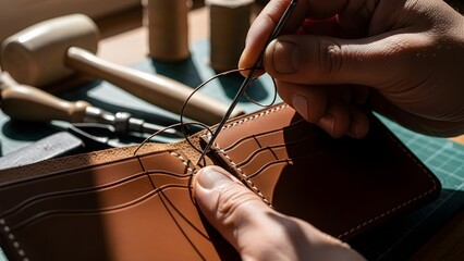 Close-up of hands using a stitching awl and needle to create a handmade leather product on a green cutting mat.