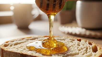 Cinematic close-up of golden honey flowing from a dipper onto a slice of crusty artisan bread for breakfast.