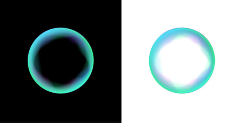 Neon PNG frame encloses a smooth liquid circle. Gradient bubbles float inside the sphere shape. Tiny neon particles orbit around the glowing liquid. © Mirotvoric