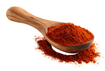 A wooden spoon is filled with red pepper flakes, isolated on a transparent background