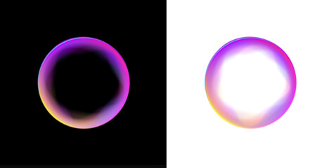 A glowing neon sphere floats inside a circular PNG frame. Liquid gradients swirl around the smooth bubble shape. Tiny neon particles drift along the edges. © Mirotvoric