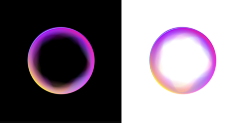 A glowing neon sphere floats inside a circular PNG frame. Liquid gradients swirl around the smooth bubble shape. Tiny neon particles drift along the edges.