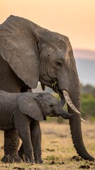 Gentle African elephant with calf, silhouetted against an orange sunset