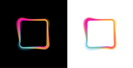 Square LED neon frame with color glowing edges, png. Bright LED glow highlights the square corners and precise lines. Soft haze surrounds the frame, creating luminous depth.