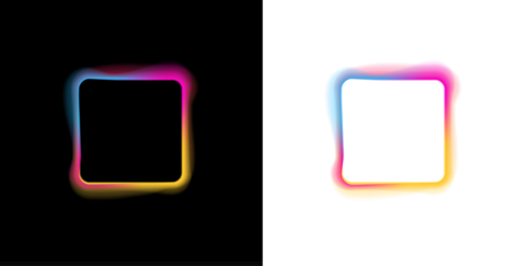 Neon square frame with bright purple and blue glow. Floating color light particles create a futuristic atmosphere. Ideal for tech banners, posters, or digital presentations.