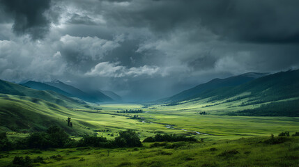 Rolling hills under stormy sky