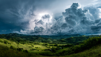 Stormy skies over rolling hills