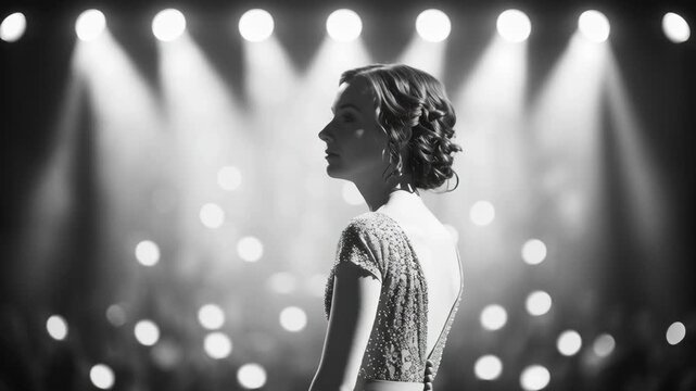 A woman in a sparkling dress facing a spotlighted stage.