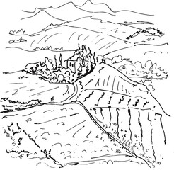 Fototapeta premium Hand Drawn Vineyard Rows and Rolling Fields Sketch
