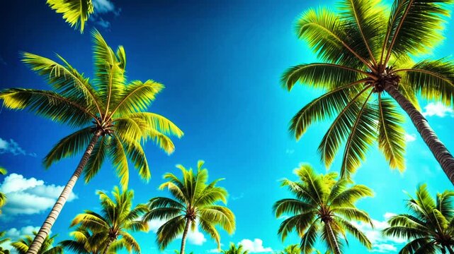 Tropical palm canopies with sunlight and vibrant summer mood