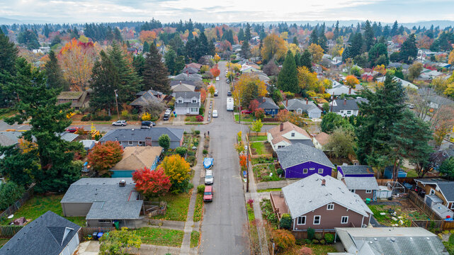 Aerial view of a suburban street lined with houses and trees displaying autumn colors, a snapshot of neighborhood life, Portland, Oregon, United States.