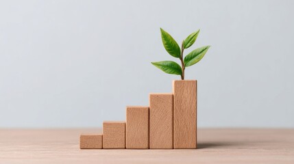 A wooden bar graph with a small green plant growing from the highest bar, symbolizing growth and sustainability.