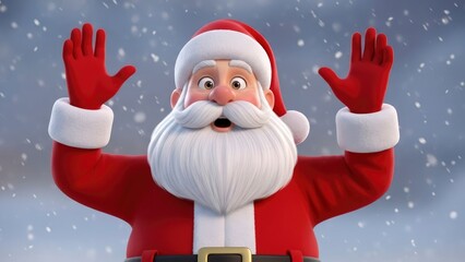 Cartoon Santa surprised in falling snow
