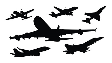 Diverse aircraft in flight a striking black and white silhouette © Rian