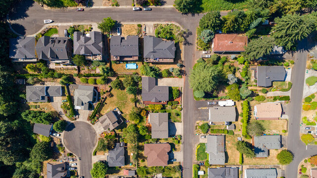 Aerial view of rooftops and tree canopies create a textured mosaic of urban life, a blend of natural green and man-made structures, Portland, Oregon, United States.