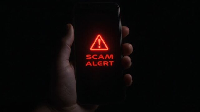 Hand holding smartphone with red scam alert warning in dark scene