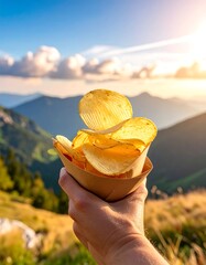 Person holding chips against mountain view