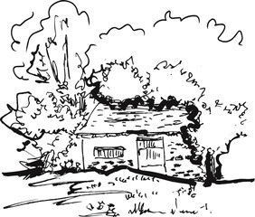 Small Rural Cabin with Trees Nature Landscape Sketch