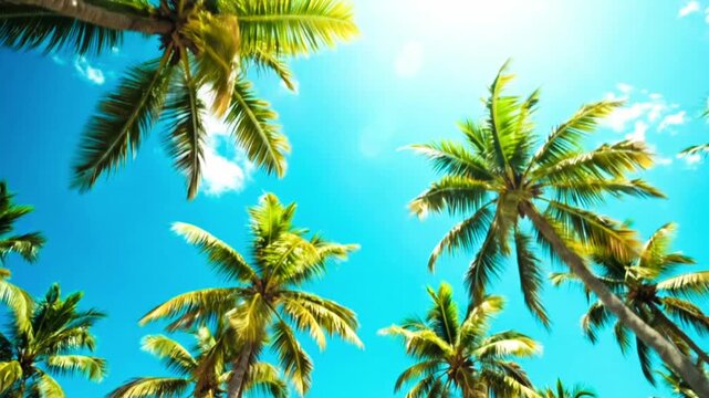 Low angle view of tall coconut palms under bright blue sky