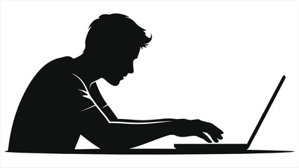 E-learning student typing notes on laptop vector silhouette - online education, remote study, digital classroom, distance learning, productivity, home office, minimalist black and white illustrations.