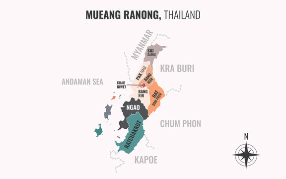 Map showing Mueang Ranong District Ranong Thailand divided into sub districts with minimalist colorful patterns