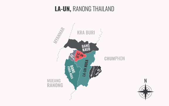 Map showing La un District Ranong Thailand divided into sub districts with minimalist colorful patterns