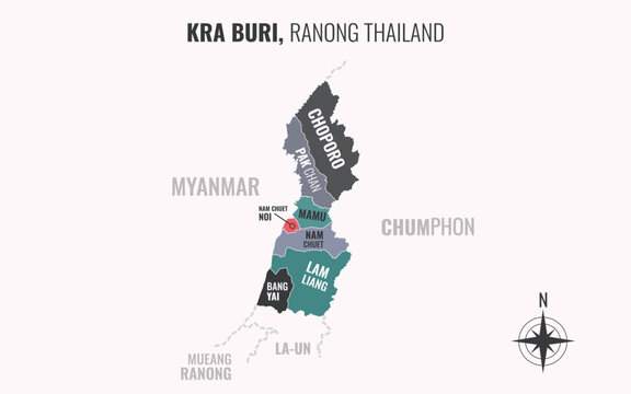Map showing Kra Buri District Ranong Thailand divided into sub districts with minimalist colorful patterns