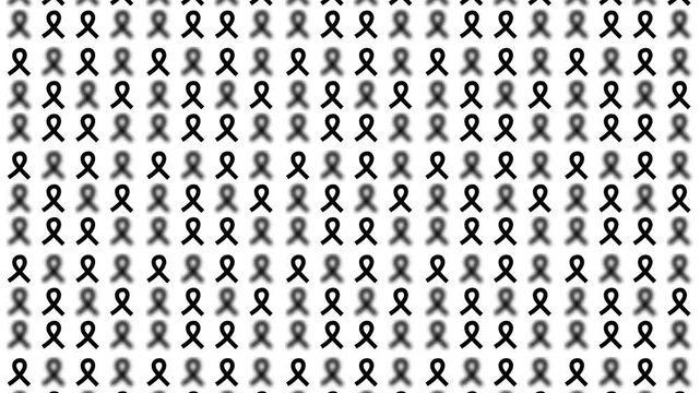 seamless pattern with black melanoma skin cancer awareness month glossy satin ribbon sign symbol geometric motif background, animated ribbon bow random blurred popup video motion graphics white bg