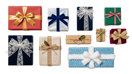 Beautifully wrapped Christmas gifts in various colors and styles