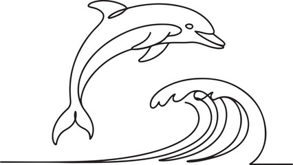 Fototapeta premium Continuous Line Art Illustration of a Jumping Dolphin with Wave Curve in Organic Sketch Contour