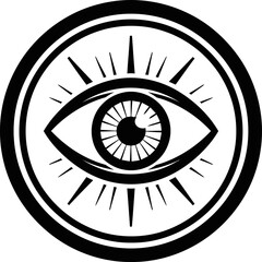 All seeing eye in a circle with rays emanating in outline style, for spiritual, occult, and Masonic concepts. Mystical icon, vector illustration
