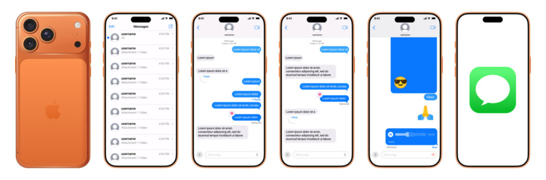 iMessage chat interface on Apple smartphone, modern messaging app UI on orange iPhone 17 device