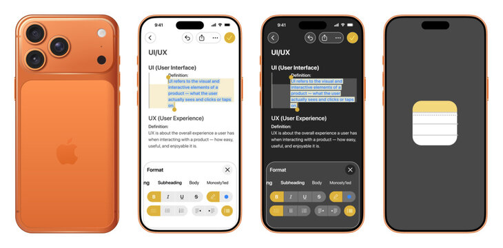 UI UX notes app interface on orange smartphone, light and dark mode mobile design, modern user interface concept