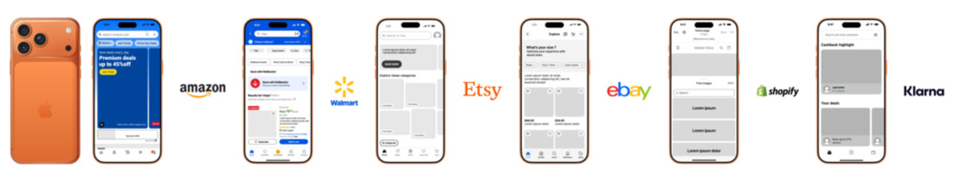 Shopping apps interface showcase on iPhone 17, modern e commerce platforms, online marketplace UI design