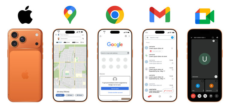 Google ecosystem apps interface across web, desktop and mobile platforms
Orange smartphone device showing Maps, Chrome, Gmail and video meeting apps