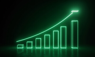 Neon Green Bar Graph Showing Upward Trend with Growth Curve on Dark Surface image photo